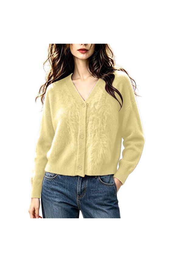 Women's Fluffy Fuzzy V Neck Cardigan - Cropped Loose Fit Long Sleeve Button Front Knit Sweater with Rib Cuff