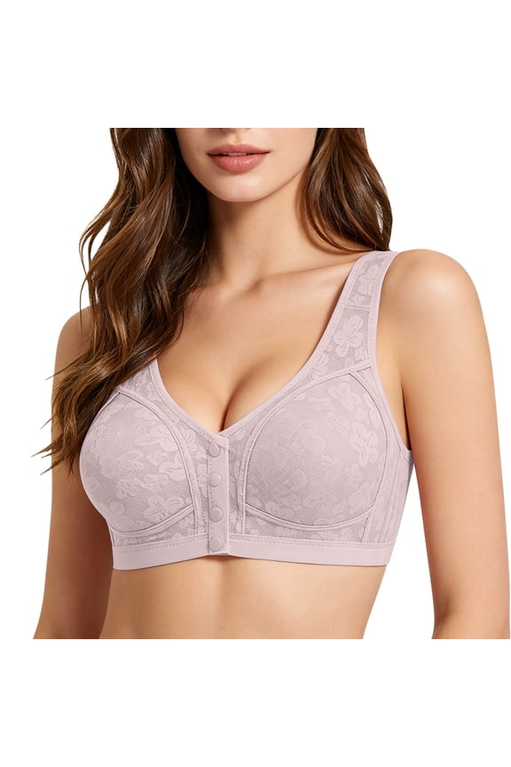 Women's Full Floral Jacquard Front Snap Wireless Bra, Wide Tank V Neck, Soft Support Maternity and Seniors Everyday Bra