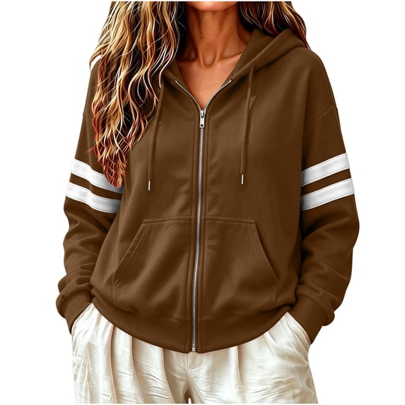 Ghalytn Women's Full Zip Hoodie Jacket, Long Sleeve Striped Drawstring Hooded Sweatshirt with Kangaroo Pocket