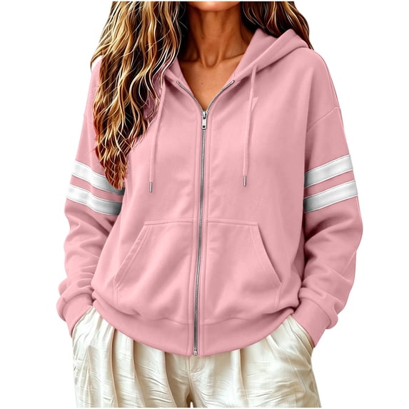 Ghalytn Women's Full Zip Hoodie Jacket, Long Sleeve Striped Drawstring Hooded Sweatshirt with Kangaroo Pocket