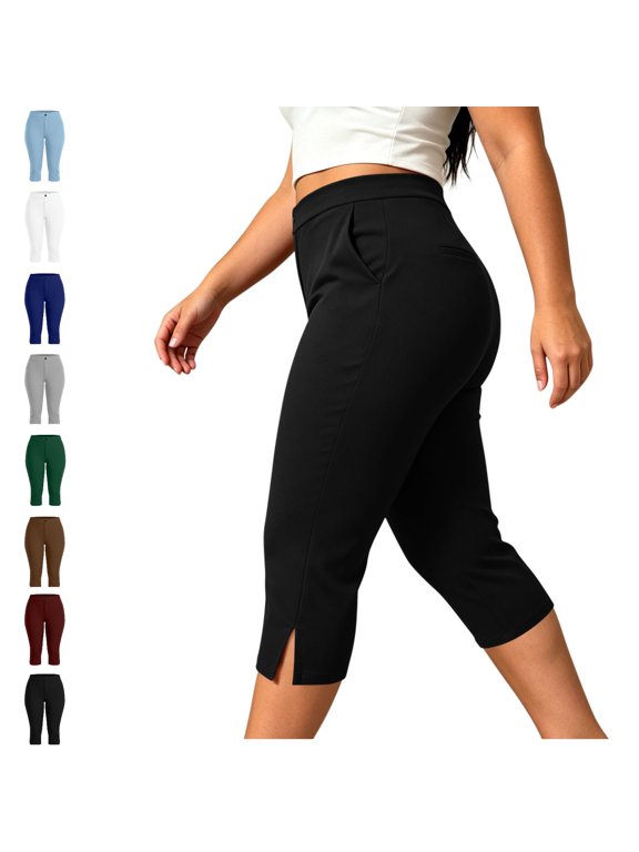 Women's High Waist Capri Dress Pants - Split Hem Straight Leg Cropped Trousers with Pockets Plus Size L-5XL Stretch Work Pants