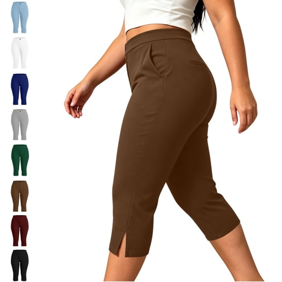 Ghalytn Women's High Waist Capri Dress Pants - Split Hem Straight Leg Cropped Trousers with Pockets Plus Size L-5XL Stretch Work Pants
