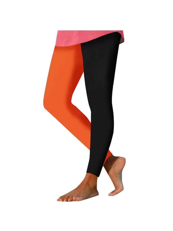 Women's High Waist Orange-Black Split Color Stretch Leggings, Halloween Costume Skinny Pants