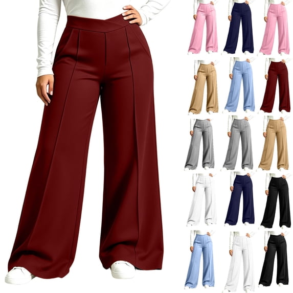 Ghalytn Women's High Waist Wide Leg Dress Pants - Crossover and Solid Waist Front Seam Flowy Palazzo Trousers with Pockets Plus Size XL-5XL