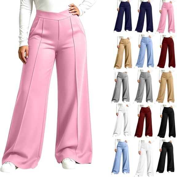 Ghalytn Women's High Waist Wide Leg Dress Pants - Crossover and Solid Waist Front Seam Flowy Palazzo Trousers with Pockets Plus Size XL-5XL