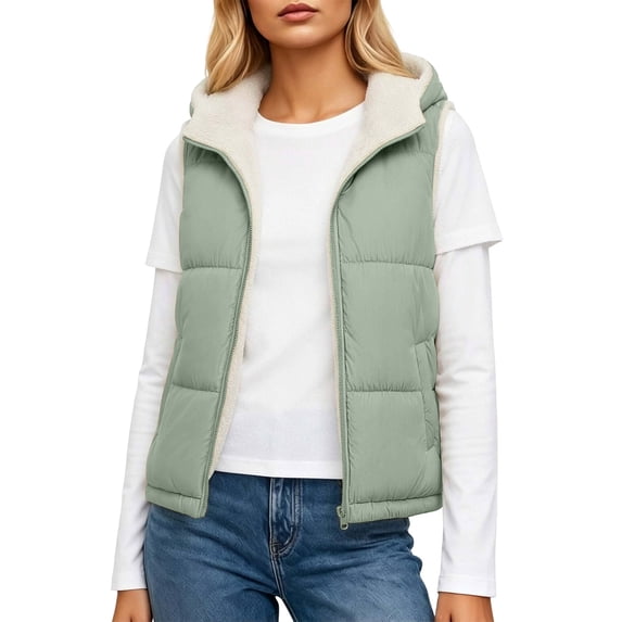 Ghalytn Women's Hooded Puffer Vest, Fleece Lined Sleeveless Zip-Up Jacket with Pockets