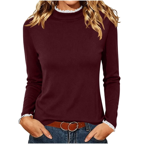 Ghalytn Women's Lace Ruffle Mock Neck Ribbed Long Sleeve Fitted T-Shirt, Stretch Slim Fit Solid Color Basic Layering Top