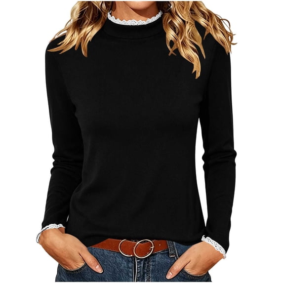Ghalytn Women's Lace Ruffle Mock Neck Ribbed Long Sleeve Fitted T-Shirt, Stretch Slim Fit Solid Color Basic Layering Top