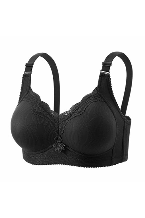 Women's Leaf Jacquard Wireless Bra, Floral Lace Trim, Adjustable Wide Straps, Multi-Hook Back, Rhinestone Flower Detail, Soft Daily Support Bra