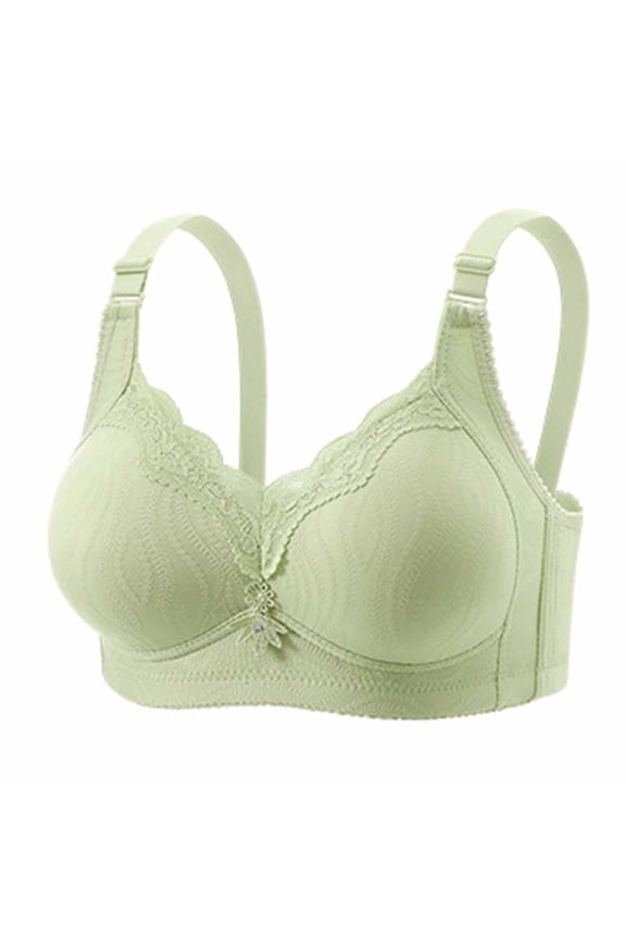 Women's Leaf Jacquard Wireless Bra, Floral Lace Trim, Adjustable Wide Straps, Multi-Hook Back, Rhinestone Flower Detail, Soft Daily Support Bra