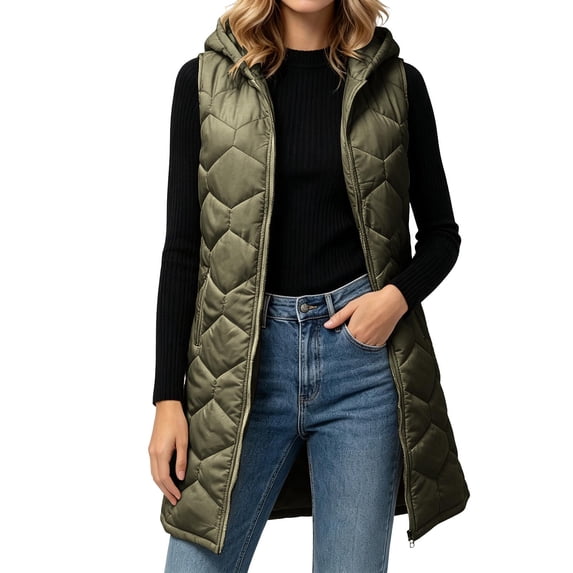 Ghalytn Women's Long Hooded Quilted Vest, Sleeveless Zip-Up Puffer Gilet with Pockets