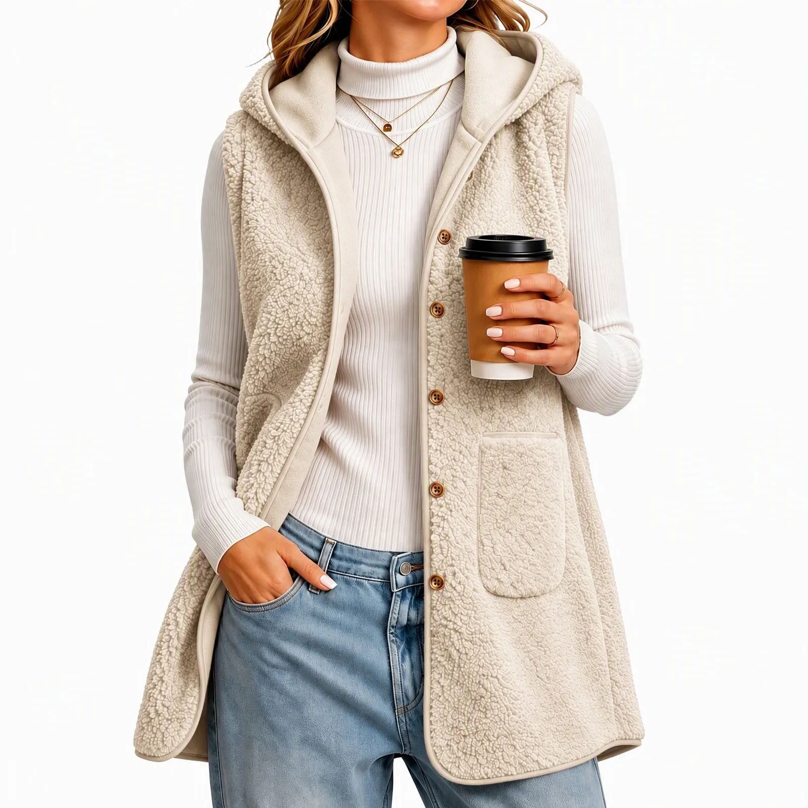 Ghalytn Women's Long Hooded Teddy Fleece Vest Sleeveless Button Front ...
