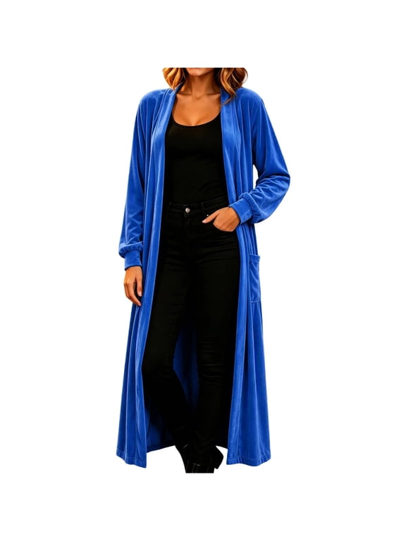 Women's Long Velvet Cardigan Open Front Duster Coat with Pockets and Lantern Sleeves