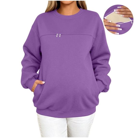 Ghalytn Women's Maternity Crew Neck Sweatshirt with Side Pockets, Chest Zipper Loose Fit Long Sleeve Top
