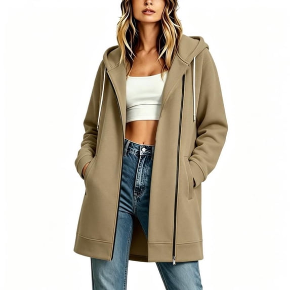 Ghalytn Women's Mid-Length Hooded Asymmetric Zip Fleece Lined Coat, Long Sleeve Casual Outerwear with Pockets