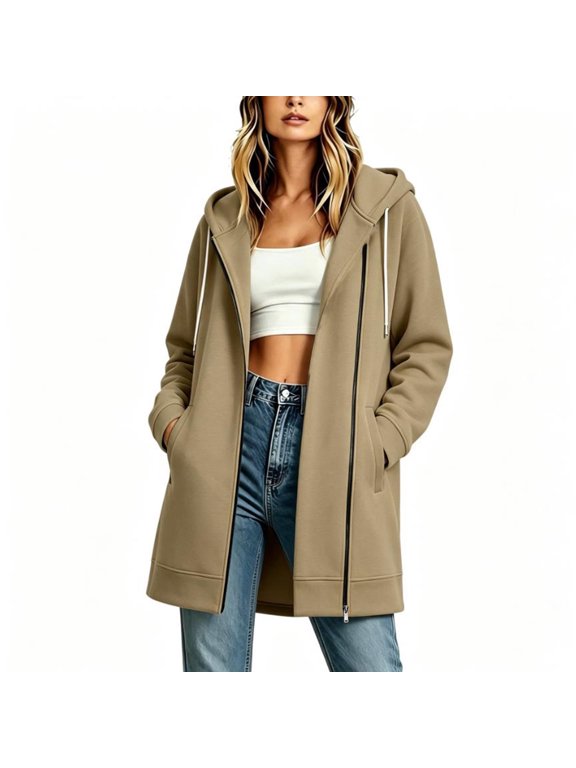 Women's Mid-Length Hooded Asymmetric Zip Fleece Lined Coat, Long Sleeve Casual Outerwear with Pockets