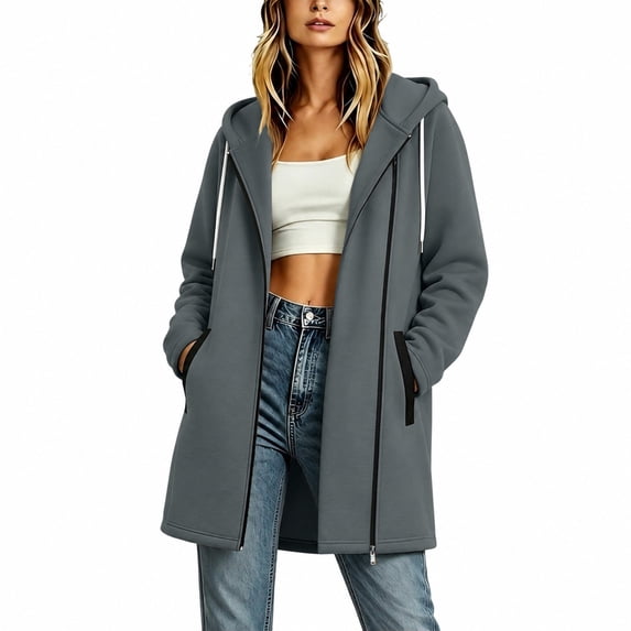 Ghalytn Women's Mid-Length Hooded Asymmetric Zip Fleece Lined Coat, Long Sleeve Casual Outerwear with Pockets