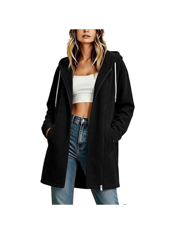 Women's Mid-Length Hooded Asymmetric Zip Fleece Lined Coat, Long Sleeve Casual Outerwear with Pockets