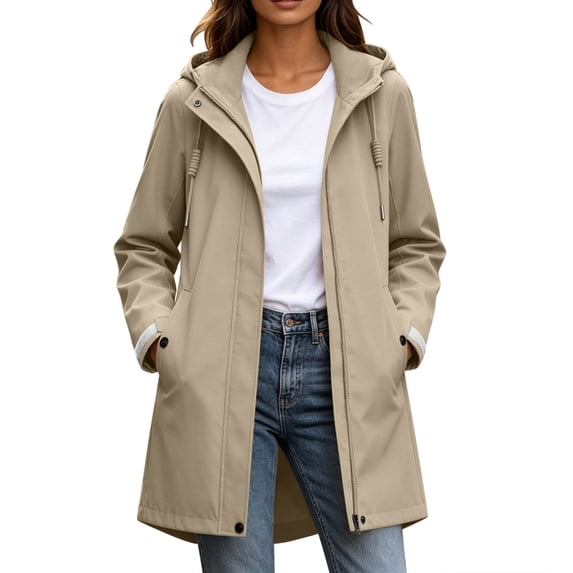 Ghalytn Women's Mid Length Hooded Rain Jacket with Adjustable Cuffs, Drawstring Waist Zip Up Windproof Coat Side Pockets