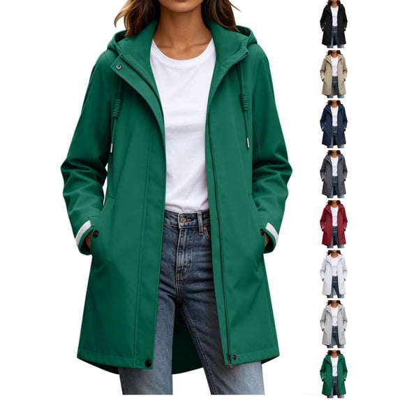 Ghalytn Women's Mid Length Hooded Rain Jacket with Adjustable Cuffs, Drawstring Waist Zip Up Windproof Coat Side Pockets
