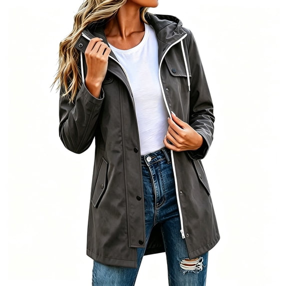 Ghalytn Women's Mid Length Hooded Rain Jacket with Flap Pockets, Zip Up Windproof Trench Coat