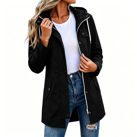 Ghalytn Women's Mid Length Hooded Rain Jacket with Flap Pockets, Zip Up Windproof Trench Coat