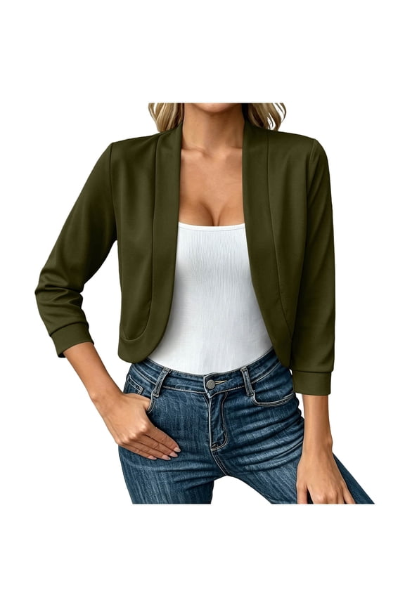 Women's Open Front Cropped Blazer Cardigan, 3/4 Sleeve Lapel Collar Relaxed Fit Short Layering Jacket