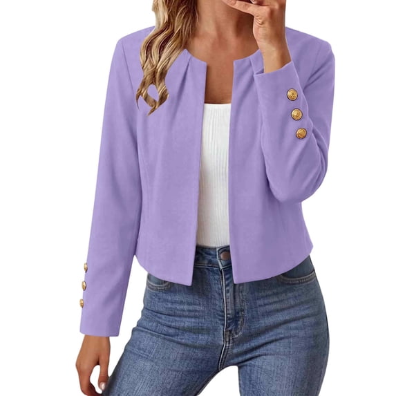 Ghalytn Women's Open Front Cropped Blazer with Gold Button Cuffs, Round Neck Long Sleeve Suit Jacket