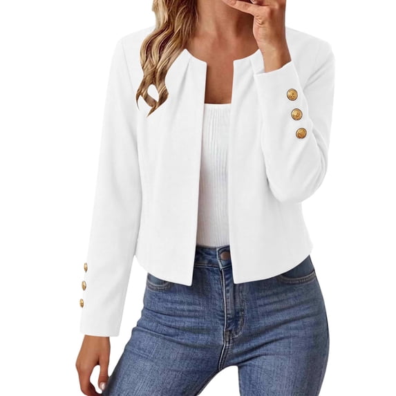 Ghalytn Women's Open Front Cropped Blazer with Gold Button Cuffs, Round Neck Long Sleeve Suit Jacket