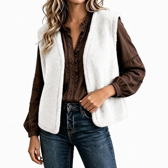 Ghalytn Women's Open Front Fleece Vest Short Sleeveless Fuzzy Winter Outerwear
