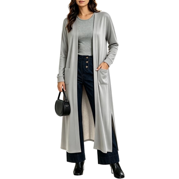 Ghalytn Women's Open Front Maxi Cardigan Long Sleeve Duster Coat with Pockets and Side Slits Casual Layering Outerwear