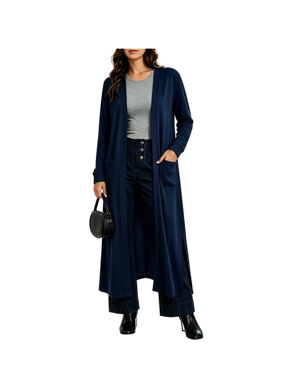 Women's Open Front Maxi Cardigan Long Sleeve Duster Coat with Pockets and Side Slits Casual Layering Outerwear