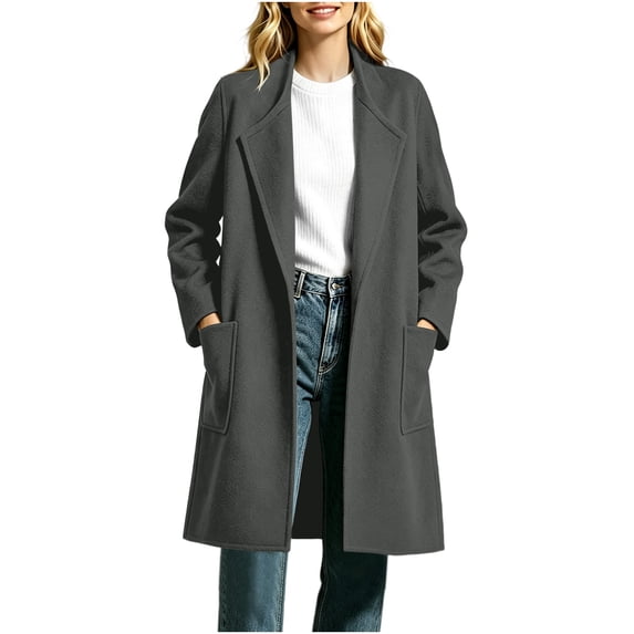 Ghalytn Women's Open Front Wool Blend Coat, Mid-Length Long Sleeve Casual Overcoat with Patch Pockets
