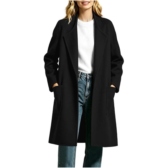 Ghalytn Women's Open Front Wool Blend Coat, Mid-Length Long Sleeve Casual Overcoat with Patch Pockets