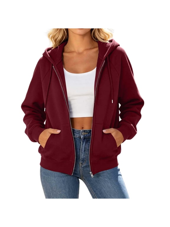 Women's Oversized Full Zip Drawstring Hooded Fleece Jacket, Rib Cuff Relaxed Waist Hem Pullover with Pocket