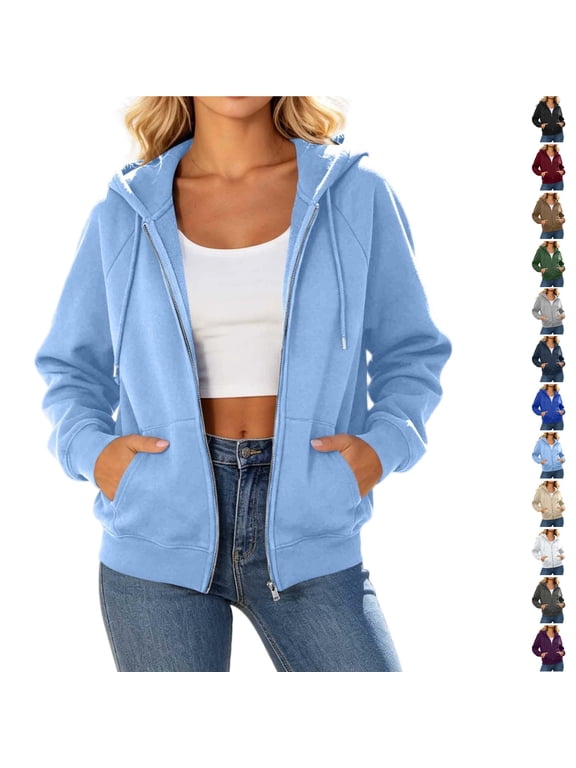 Women's Oversized Full Zip Drawstring Hooded Fleece Jacket, Rib Cuff Relaxed Waist Hem Pullover with Pocket