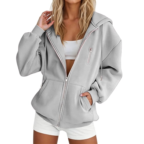 Ghalytn Women's Oversized Full Zip Hooded Sweatshirt Jacket, Long Sleeve Drawstring Hood Coat with Zipper Pocket and Kangaroo Pocket