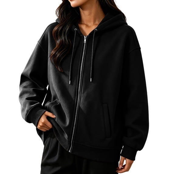 Ghalytn Women's Oversized Full Zip Hoodie Jacket, Drawstring Hood Long Rib Cuff Sleeve Relaxed Fit Cropped with Side Pockets
