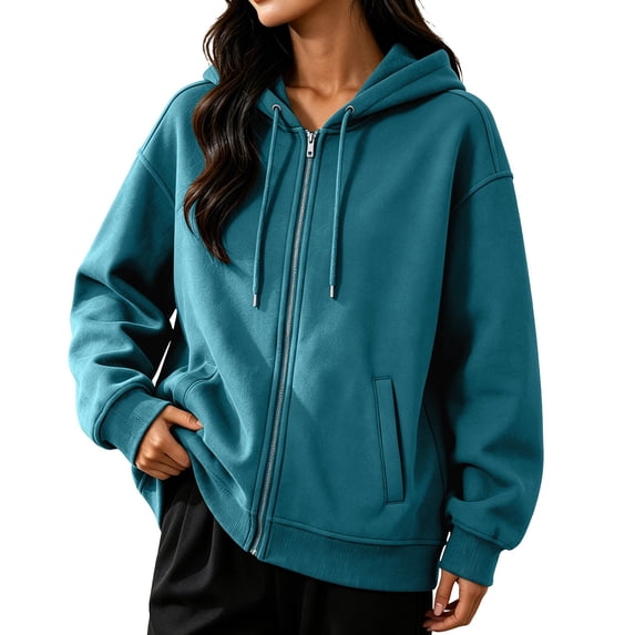 Ghalytn Women's Oversized Full Zip Hoodie Jacket, Drawstring Hood Long Rib Cuff Sleeve Relaxed Fit Cropped with Side Pockets