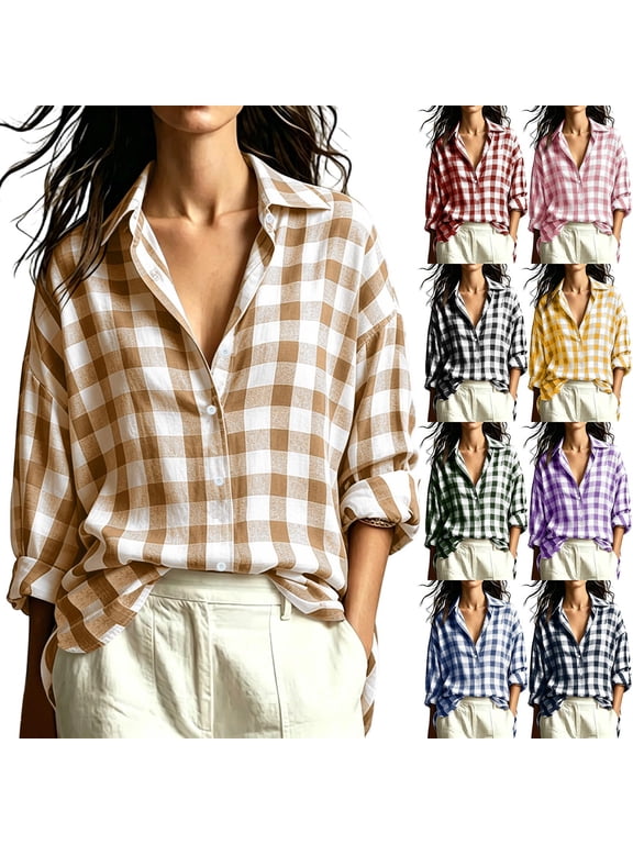 Women's Oversized Gingham Plaid Button Down Shirt with Drop Shoulder, Roll Sleeve Loose Fit Casual Top
