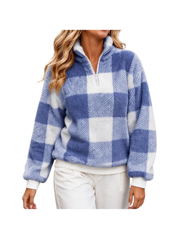 Women's Plaid Fleece Pullover Half Zip Sweatshirt Fuzzy Winter Top with Pockets