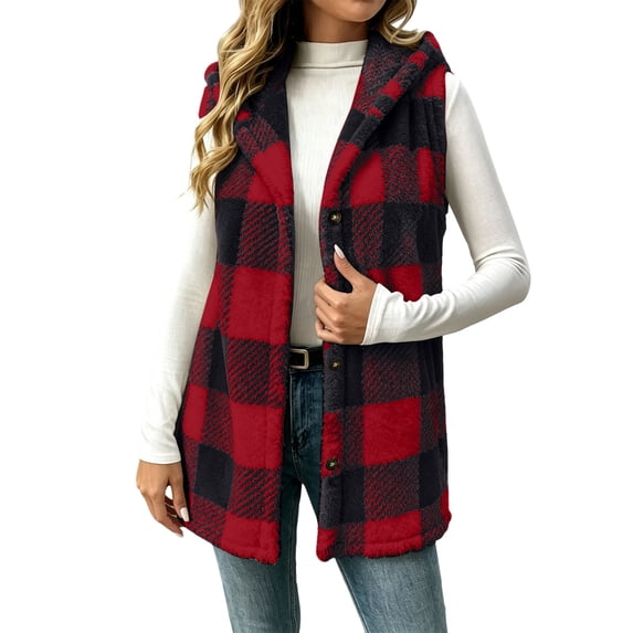Ghalytn Women's Plaid Hooded Button Down Vest, Sleeveless Mid-Length Casual Gilet with Pockets, Loose Fit Fall Winter Outerwear