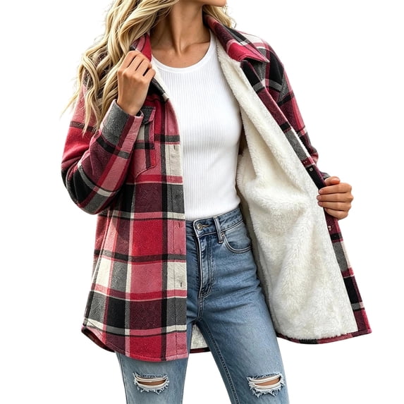 Ghalytn Women's Plaid Sherpa Lined Shacket, Long Sleeve Button Down Flannel Jacket with Curved Hem and Pockets