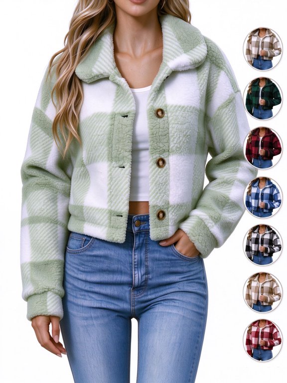 Women's Plaid Teddy Fleece Cropped Jacket, Collared Button-Front Coat with Ribbed Cuffs