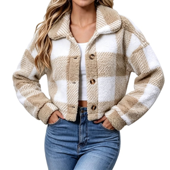 Ghalytn Women's Plaid Teddy Fleece Cropped Jacket, Collared Button-Front Coat with Ribbed Cuffs