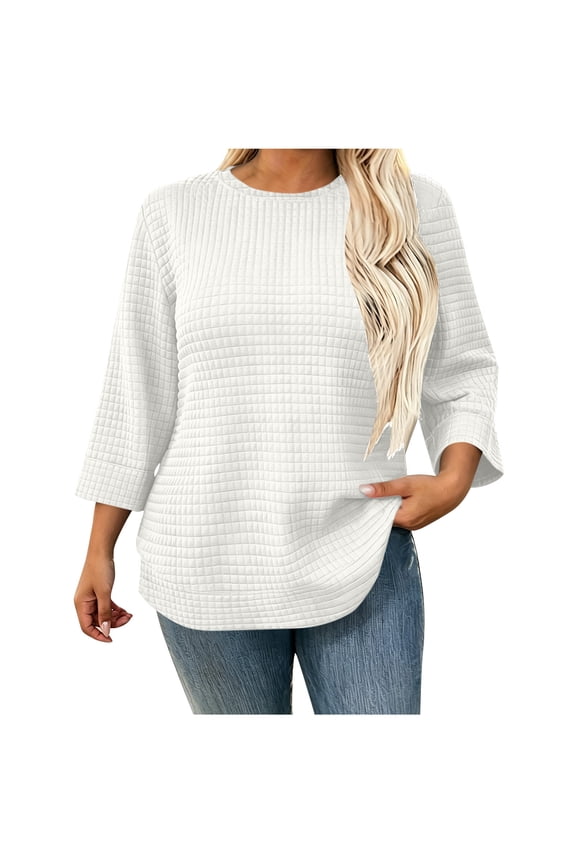 Women's Plus Size Grid Waffle Knit Tunic Top, Crew Neck 3/4 Sleeve Curved Hem Relaxed Fit Casual Blouse