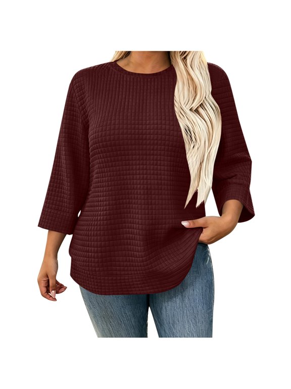 Women's Plus Size Grid Waffle Knit Tunic Top, Crew Neck 3/4 Sleeve Curved Hem Relaxed Fit Casual Blouse