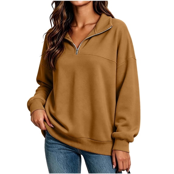 Ghalytn Women's Quarter Zip Collared Sweatshirt, Long Rib Cuff Sleeve Drop Shoulder Relaxed Fit Pullover Top