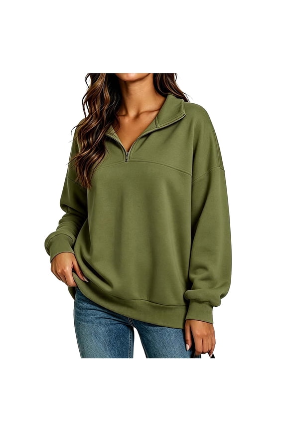 Women's Quarter Zip Collared Sweatshirt, Long Rib Cuff Sleeve Drop Shoulder Relaxed Fit Pullover Top