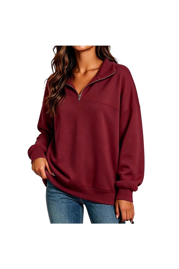 Women's Quarter Zip Collared Sweatshirt, Long Rib Cuff Sleeve Drop Shoulder Relaxed Fit Pullover Top